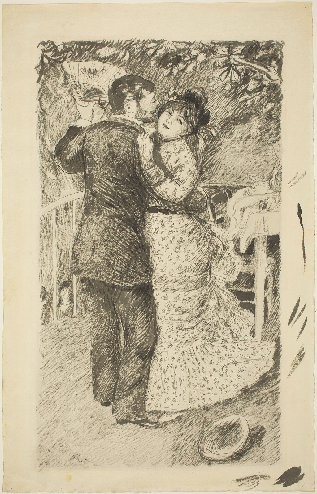 Renoir's 1883 ink Dance in the Country drawing with the dancing pair, raised fan, side table and fallen hat